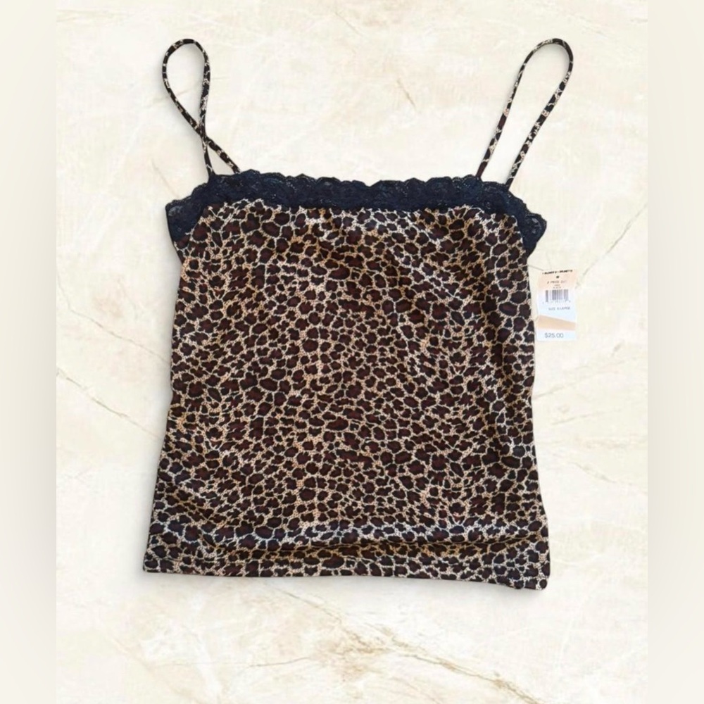 Deadstock Y2K Leopard Print Lace-Trim Cami Tank Top - Brown XL
